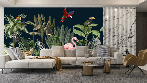 Jungle Animals Wallpaper, Tropical Plants Mural, Oversized Custom Size Wall Art, Non-Woven, Non-Adhesive, Modern Wall Paper, Removable