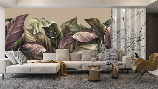Luxury Tropical Leaves Wallpaper, Beige Background Mural, Oversized Custom Size Wall Art, Non-Woven, Non-Adhesive, Modern Wall Paper, Removable