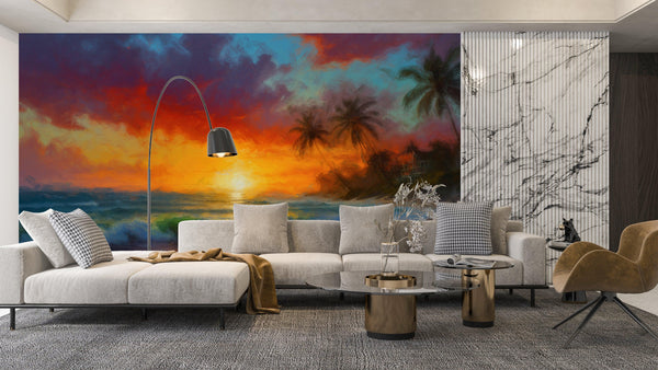 Tropical Beach, Golden Hour Wallpaper, Oil Painting Mural, Oversized Custom Size Wall Art, Non-Woven, Non-Adhesive, Modern Wall Paper, Removable