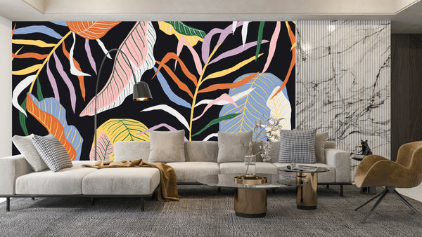 Colorful Leaves Wallpaper, Dark Background Mural, Oversized Custom Size Wall Art, Non-Woven, Non-Adhesive, Modern Wall Paper, Removable