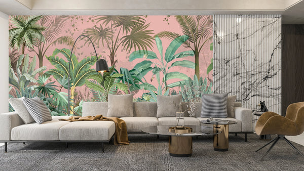 Jungle Wallpaper, Pink Sky Mural, Oversized Custom Size Wall Art, Non-Woven, Non-Adhesive, Modern Wall Paper, Removable