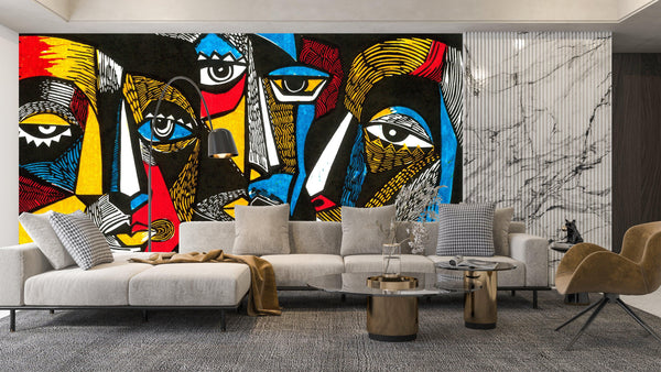 Modern Surreal Wallpaper, Linocut Style Mural, Oversized Custom Size Wall Art, Non-Woven, Non-Adhesive, Modern Wall Paper, Removable