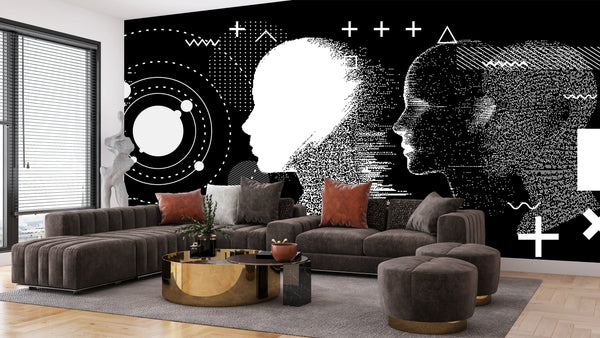 3D Human Heads Wallpaper, Cyberpunk Style Mural, Oversized Custom Size Wall Art, Non-Woven, Non-Adhesive, Modern Wall Paper, Removable