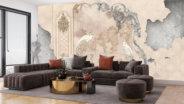 Baroque With Birds Wallpaper, Classic Style Mural, Oversized Custom Size Wall Art, Non-Woven, Non-Adhesive, Modern Wall Paper, Removable