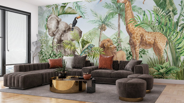 African Animals Wallpaper, Watercolor Wildlife Mural, Oversized Custom Size Wall Art, Non-Woven, Non-Adhesive, Modern Wall Paper, Removable