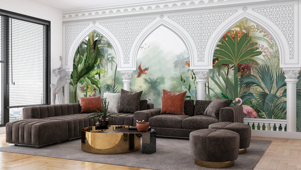 Garden Arch Wallpaper, Birds Mural, Oversized Custom Size Wall Art, Non-Woven, Non-Adhesive, Modern Wall Paper, Removable