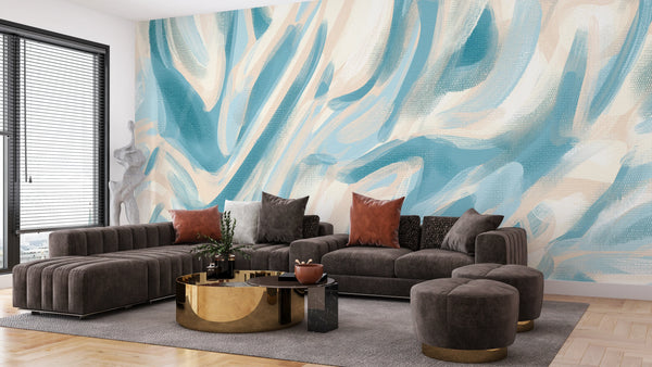 Abstract Teal, Beige Wallpaper, Paint Strokes Mural, Oversized Custom Size Wall Art, Non-Woven, Non-Adhesive, Modern Wall Paper, Removable