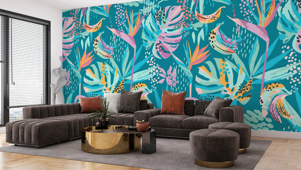 Abstract Tropical Leaves Wallpaper, Seamless Pattern Mural, Oversized Custom Size Wall Art, Non-Woven, Non-Adhesive, Modern Wall Paper, Removable