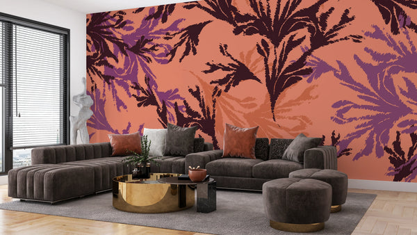Hand Drawn Leaf Wallpaper, Seamless Pattern Mural, Oversized Custom Size Wall Art, Non-Woven, Non-Adhesive, Modern Wall Paper, Removable
