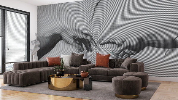Touching Hands Wallpaper, Line Drawing Mural, Oversized Custom Size Wall Art, Non-Woven, Non-Adhesive, Modern Wall Paper, Removable