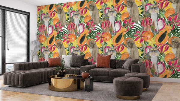 Cute Monkey, Exotic Fruits Wallpaper, Seamless Pattern Mural, Oversized Custom Size Wall Art, Non-Woven, Non-Adhesive, Modern Wall Paper, Removable