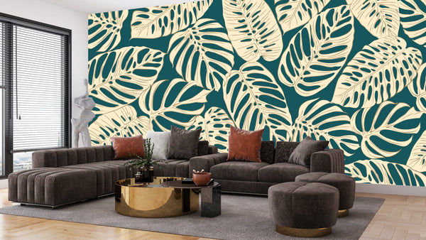 Beige Leaves Wallpaper, Seamless Pattern Mural, Oversized Custom Size Wall Art, Non-Woven, Non-Adhesive, Modern Wall Paper, Removable
