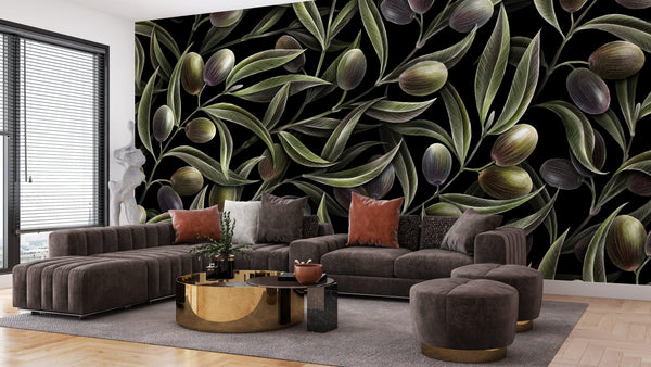 Olive Branches Wallpaper, Seamless Pattern Mural, Oversized Custom Size Wall Art, Non-Woven, Non-Adhesive, Modern Wall Paper, Removable