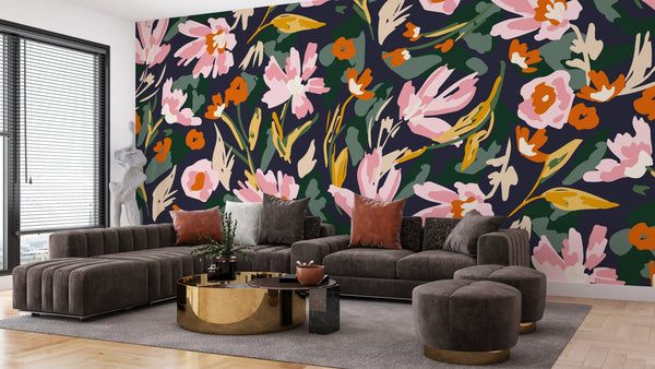 Watercolor Pink Wildflowers Wallpaper, Seamless Pattern Mural, Oversized Custom Size Wall Art, Non-Woven, Non-Adhesive, Modern Wall Paper, Removable