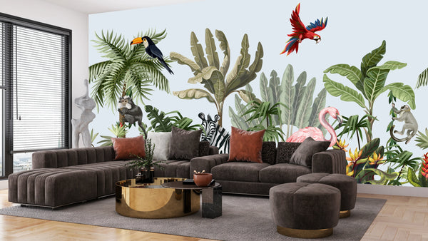 Jungle Animals Wallpaper, Flowers Mural, Oversized Custom Size Wall Art, Non-Woven, Non-Adhesive, Modern Wall Paper, Removable