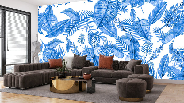 Blue Tropic Plants Wallpaper, Aquamarine Tropical Mural, Oversized Custom Size Wall Art, Non-Woven, Non-Adhesive, Modern Wall Paper, Removable