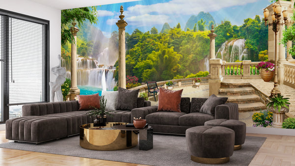 Terrace with Waterfalls Wallpaper, Seascape Mural, Oversized Custom Size Wall Art, Non-Woven, Non-Adhesive, Modern Wall Paper, Removable
