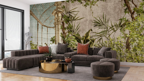 Greenhouse with a Column Wallpaper, Plants Mural, Oversized Custom Size Wall Art, Non-Woven, Non-Adhesive, Modern Wall Paper, Removable