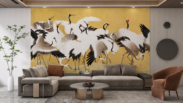 Flock Cranes Wallpaper, Japanese Mural, Oversized Custom Size Wall Art, Non-Woven, Non-Adhesive, Modern Wall Paper, Removable