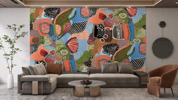 Abstract Shapes and Flowers Wallpaper, Seamless Pattern Mural, Oversized Custom Size Wall Art, Non-Woven, Non-Adhesive, Modern Wall Paper, Removable