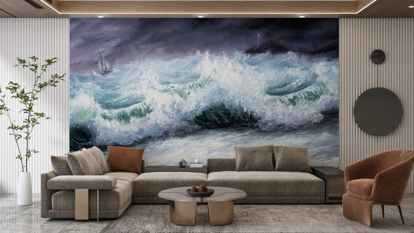 Mighty Storm and Sea Wallpaper, Oil Painting Mural, Oversized Custom Size Wall Art, Non-Woven, Non-Adhesive, Modern Wall Paper, Removable