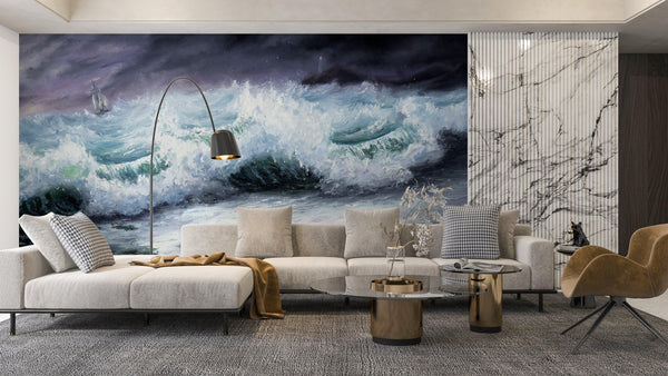 Mighty Storm and Sea Wallpaper, Oil Painting Mural, Oversized Custom Size Wall Art, Non-Woven, Non-Adhesive, Modern Wall Paper, Removable