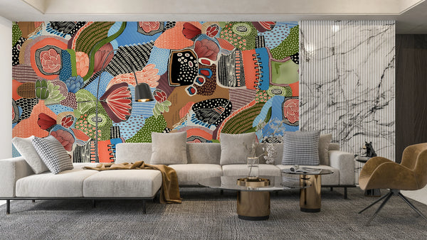 Abstract Shapes and Flowers Wallpaper, Seamless Pattern Mural, Oversized Custom Size Wall Art, Non-Woven, Non-Adhesive, Modern Wall Paper, Removable