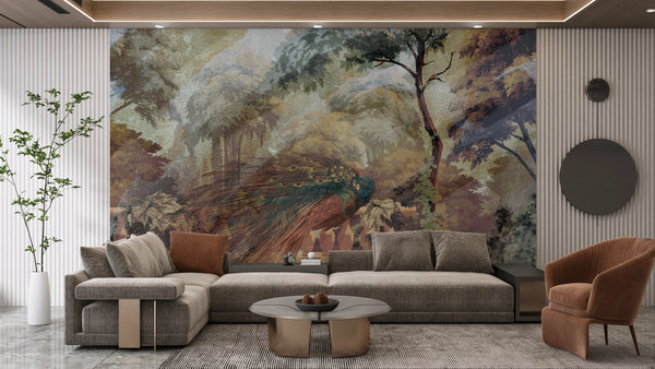 Peacock Wallpaper, Vintage Drawing Mural, Oversized Custom Size Wall Art, Non-Woven, Non-Adhesive, Modern Wall Paper, Removable