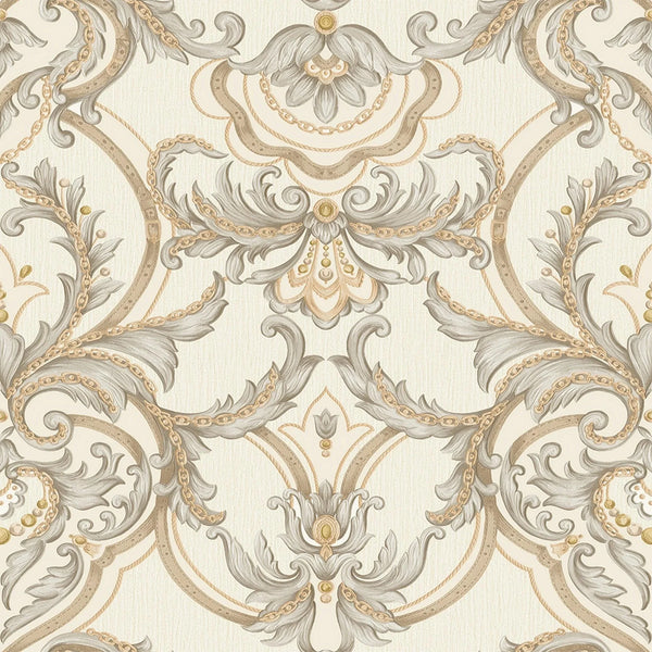 Luxury Deep Embossed Damask Wallpaper, Cream, Silver, Home & Commercial Use Decorative Wallcovering, Washable, Sturdy - Walloro High End Wallcoverings & More