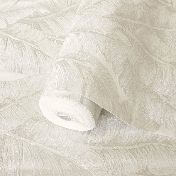 Luxury Leaf Pattern Wallpaper, Cream Embossed Botanical Tropical Exotic Wallcovering, Plants Tropical Design - Walloro High End Wallcoverings & More