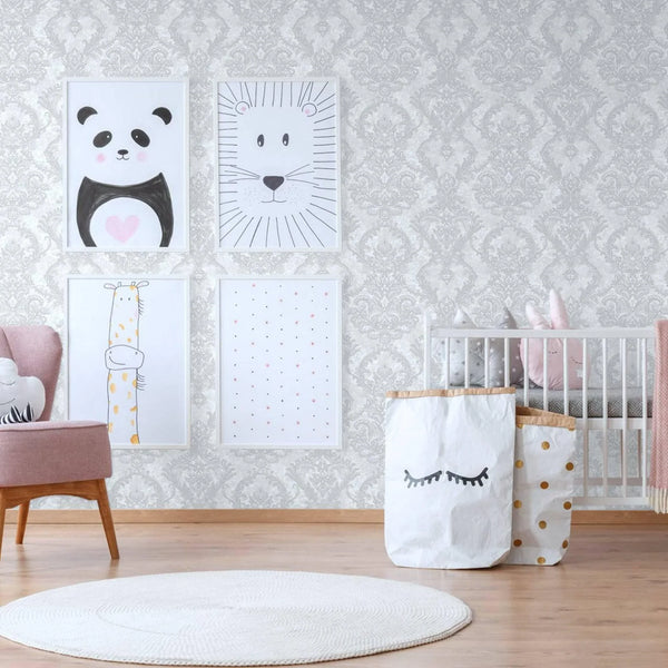 Luxury Sparkling Deep Embossed Damask Wallpaper, White, Silver Beautiful Flocked Shimmering Rich Textured Wallcovering - Walloro High End Wallcoverings & More