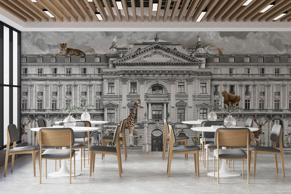 Modern Animals Building Wallpaper, Gray Jungle Wall Mural, Custom Size Architecture Wall Covering, Non-Woven, Non-Adhesive, Washable, Removable - Walloro High End Wallcoverings & More