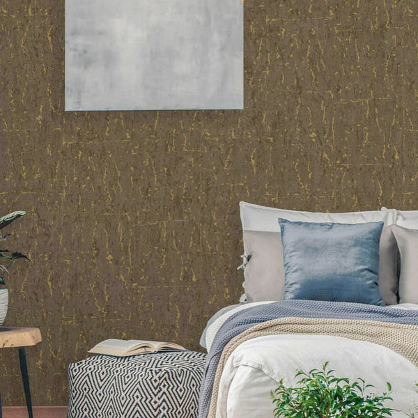 Modern Dark Cork Embossed Wallpaper, Rich Textured Wallcovering, Traditional, Camper Van Log Cabin Decor, 114 sq ft, Metallic Brown Gold - Walloro High End Wallcoverings & More