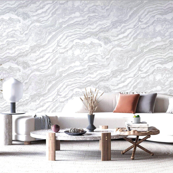 Modern Light Color Marble Wallpaper, White Home Wall Decor, Marbled Textured Wall Covering Non-Adhesive, Non-Peel and Stick, 177 sq ft Roll - Walloro High End Wallcoverings & More