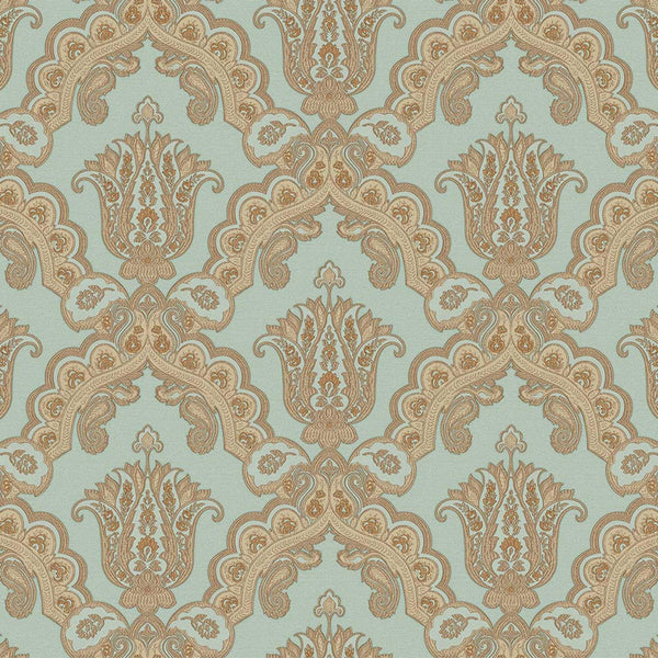 Modern Light Teal, Gold Damask Wallpaper, Home Wall Decor, Aesthetic Wallpaper, Textured Wallcovering Non-Adhesive and Non-Peel and Stick - Walloro High End Wallcoverings & More