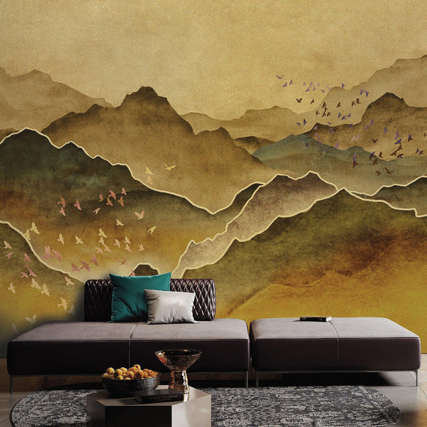 Mountain Scenic Wall Mural, Yellow Nature Wallpaper, Custom Size Wall Covering, Non-Woven, Non-Pasted, Removable, Washable, Extra Large Bird Art - Walloro High End Wallcoverings & More