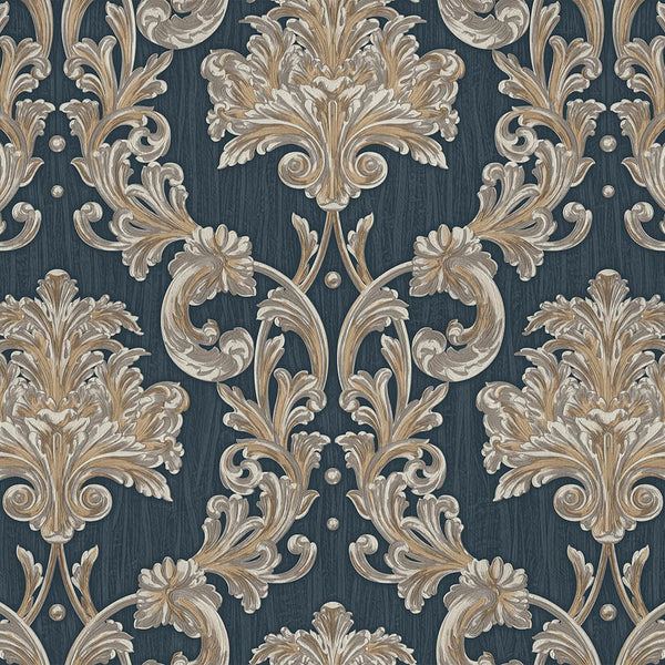 Oriental Damask Deep Embossed Wallpaper, Blue 3D Textured Wallcovering, Traditional, Extra Large 114 sq ft Roll, Stylish Wallpaper, Floral, Blue - Walloro High End Wallcoverings & More