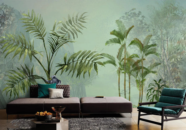 Palm Trees Nature Scene Tropical Wall Mural, Green Custom Size Wallpaper, Non-Woven, Non-Pasted, Washable, Oversized Large Wall Art, Removable (Copy) - Walloro High End Wallcoverings & More