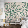 Peony Chinoiserie Blossom Wall Mural, Green Floral Bloom Wallpaper, Oversized Contemporary Custom Size Wall Art, Non-Woven, Non-Pasted, Removable - Walloro High End Wallcoverings & More