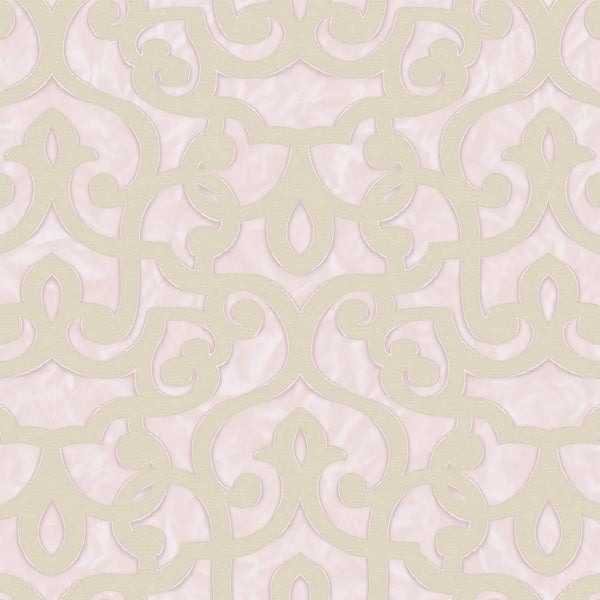 Pink Lace Trellis Wallpaper, Shiny Silver Gold Patterns Faded Colors Damask Design - Walloro High End Wallcoverings & More