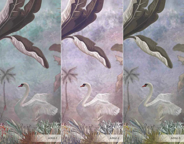 Purple Modern Luxury Tropical Wallpaper, Swan, Non-Woven Custom Wall Mural, Non-Adhesive, Washable, Decorative, Removable, Home Decor Wall Art - Walloro High End Wallcoverings & More