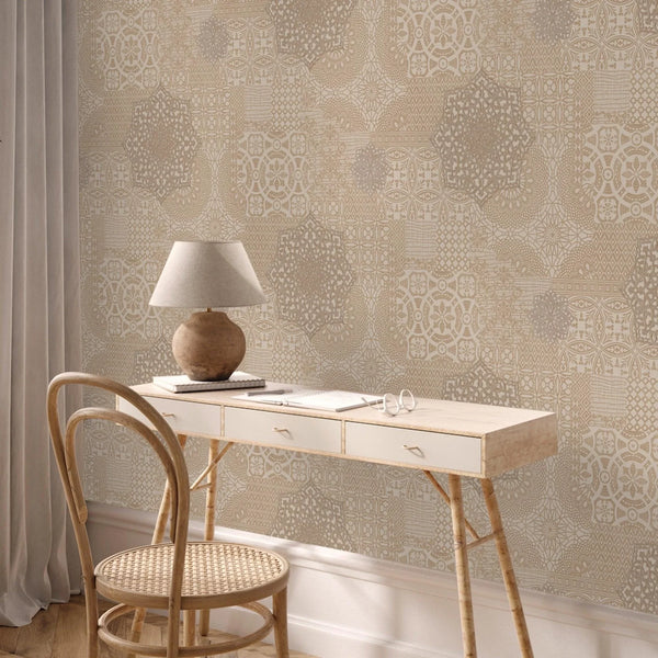 Quilted 3D Embossed Wallpaper, Beige, Flocked Rich Textured Velvet Feel Luxury Wallcovering, Vintage Washed Patchwork Style, Non-Woven - Walloro High End Wallcoverings & More