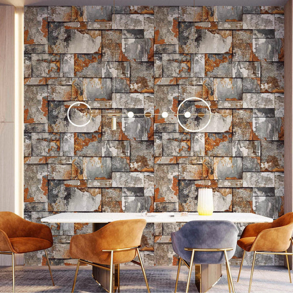 Rusted Metallic Stone Wallpaper, Realistic 3D Embossed Wall Decor, Industrial Aesthetic Wallcovering - Walloro High End Wallcoverings & More