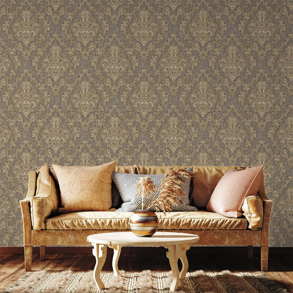 Stylish Baroque Deep Embossed Wallpaper, Tan, Brown Timeless Damask Ornate Patterns Sparkling Wallcovering, Elegant Washed Colors Design - Walloro High End Wallcoverings & More