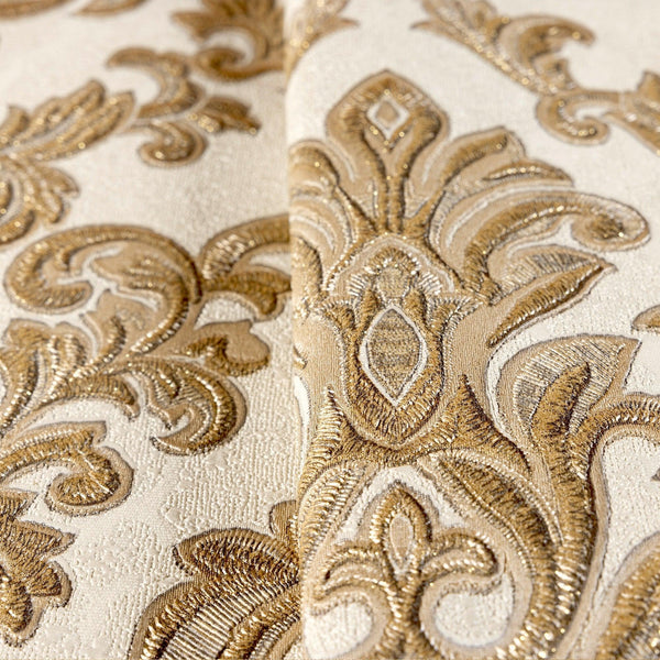Stylish Baroque Deep Embossed Wallpaper, White, Gold, Timeless Damask Ornate Patterns Sparkling Wallcovering, Elegant Washed Colors Design - Walloro High End Wallcoverings & More