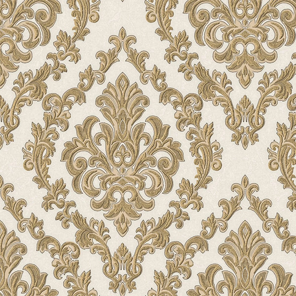 Stylish Baroque Deep Embossed Wallpaper, White, Gold, Timeless Damask Ornate Patterns Sparkling Wallcovering, Elegant Washed Colors Design - Walloro High End Wallcoverings & More