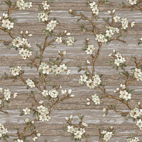 Stylish Floral Wallpaper, Brown, White Embossed Flocked Botanical Blossom Pattern, Bloom Design, Trendy Wall Accent Decoration - Walloro High End Wallcoverings & More