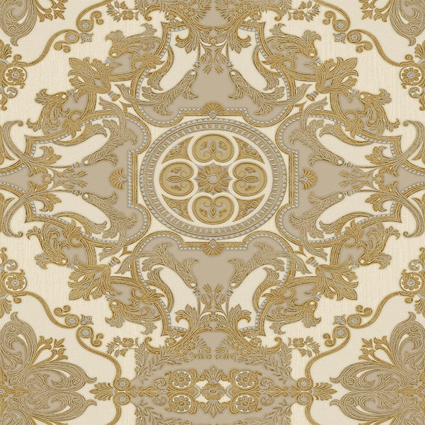 Timeless Design 3D Embossed Damask Wallpaper, Gold, Cream Luxury Velvet Feeling Wallcovering, Large 114 sq ft Roll - Walloro High End Wallcoverings & More