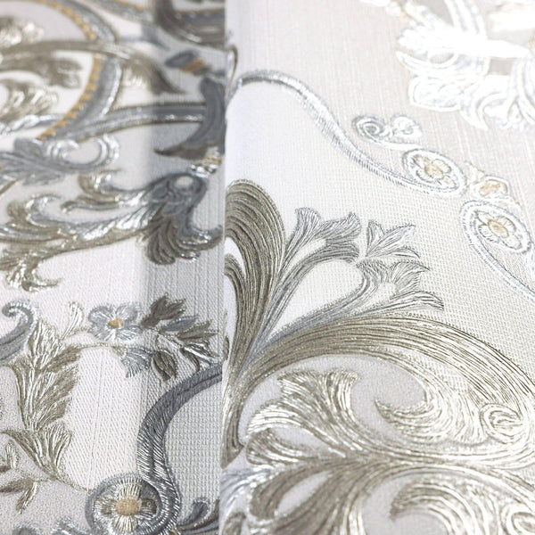 Timeless Design 3D Embossed Damask Wallpaper, Silver, White Luxury Velvet Feeling Wallcovering, Large 114 sq ft Roll - Walloro High End Wallcoverings & More