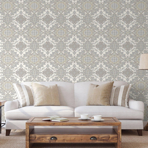 Timeless Design 3D Embossed Damask Wallpaper, Silver, White Luxury Velvet Feeling Wallcovering, Large 114 sq ft Roll - Walloro High End Wallcoverings & More
